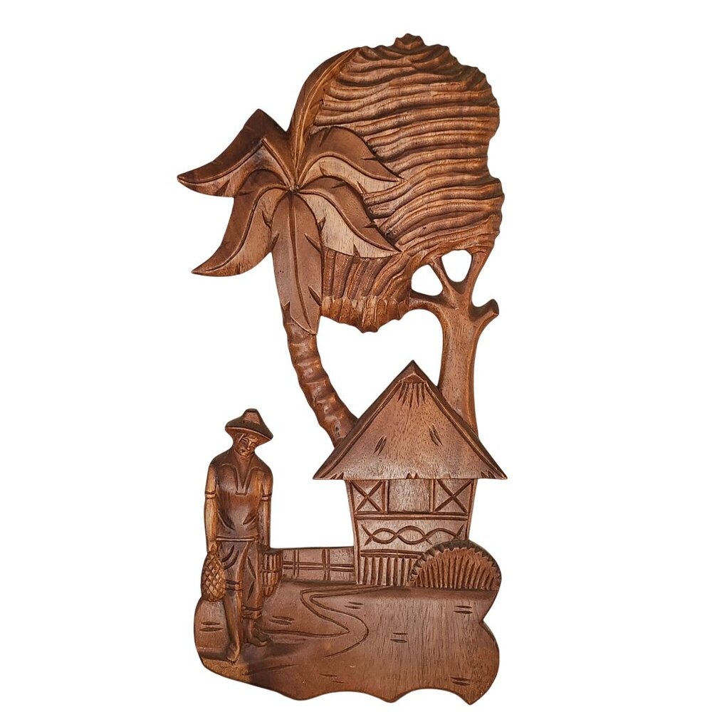 Hand-Carved Polynesian Wooden Wall Art Decor Hut Palm Tree Farmer Scene